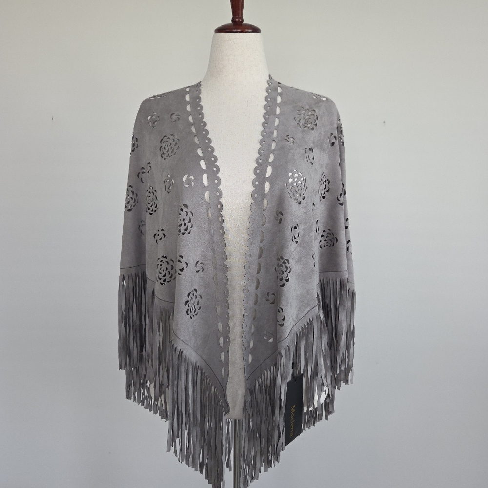 Modena Gray Fringed Wrap- Size One Size OS